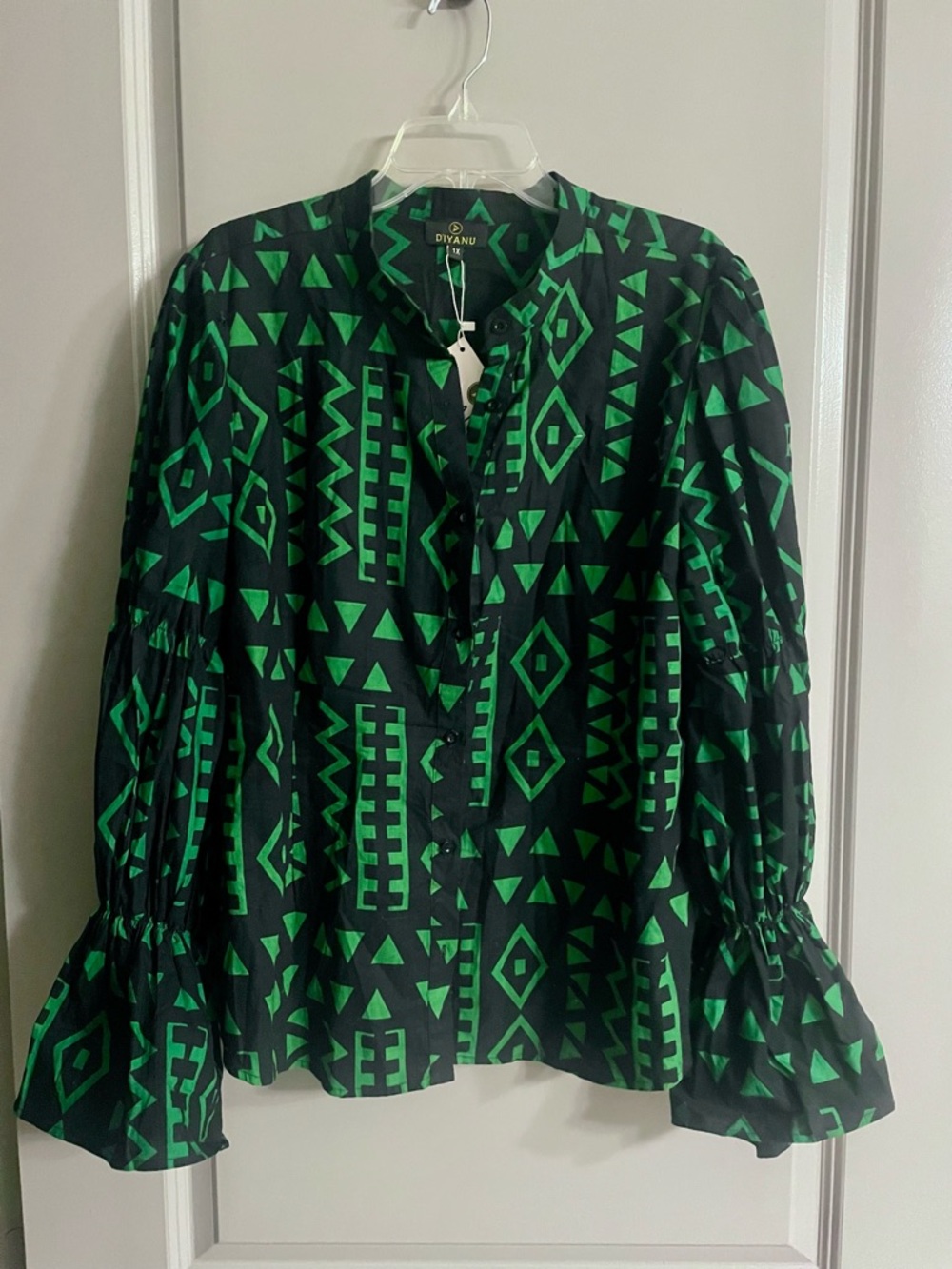 Diva Black Blouse with Green Geometric Print